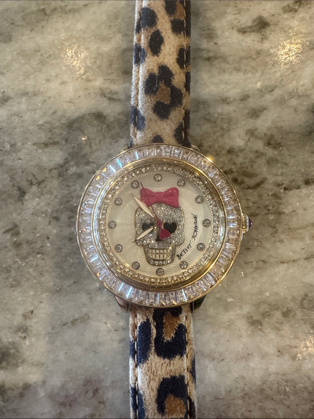 Betsey Johnson Leopard Print Strap Watch with Gold Case and Pink Details